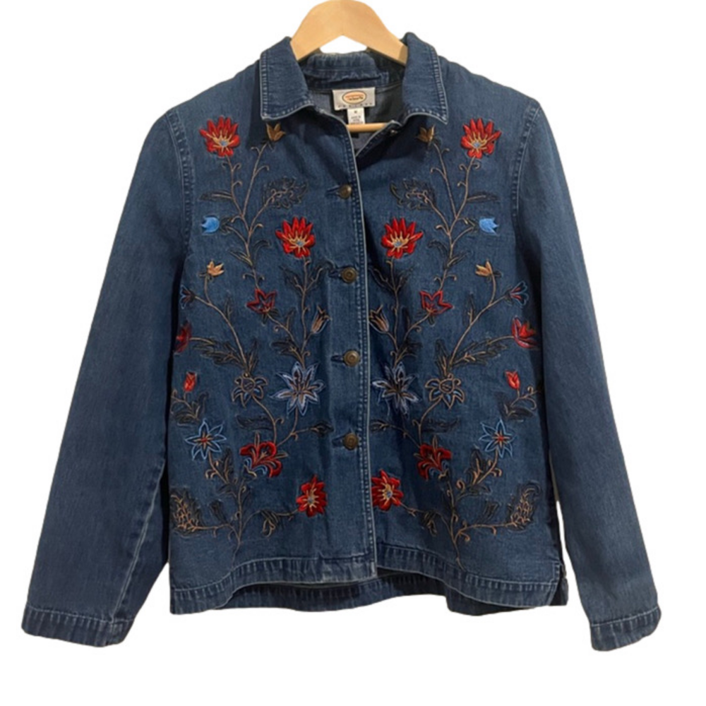Talbots Petite Vintage Jean Jacket Blue with Red Green Blue Floral Embroidery